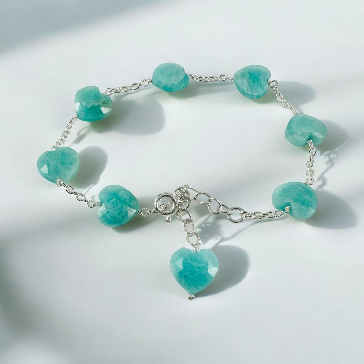 Natural Amazonite Heart Bracelet - Valentines Heart Bracelet - Ocean Blue Green Heart Bracelet - Solid 925 Silver Bracelet