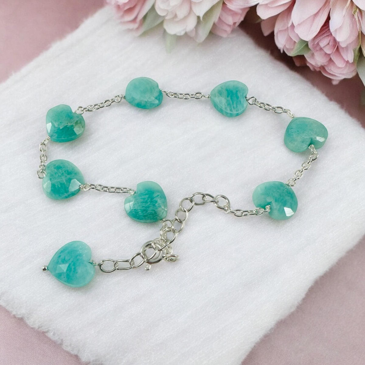 Natural Amazonite Heart Bracelet - Valentines Heart Bracelet - Ocean Blue Green Heart Bracelet - Solid 925 Silver Bracelet