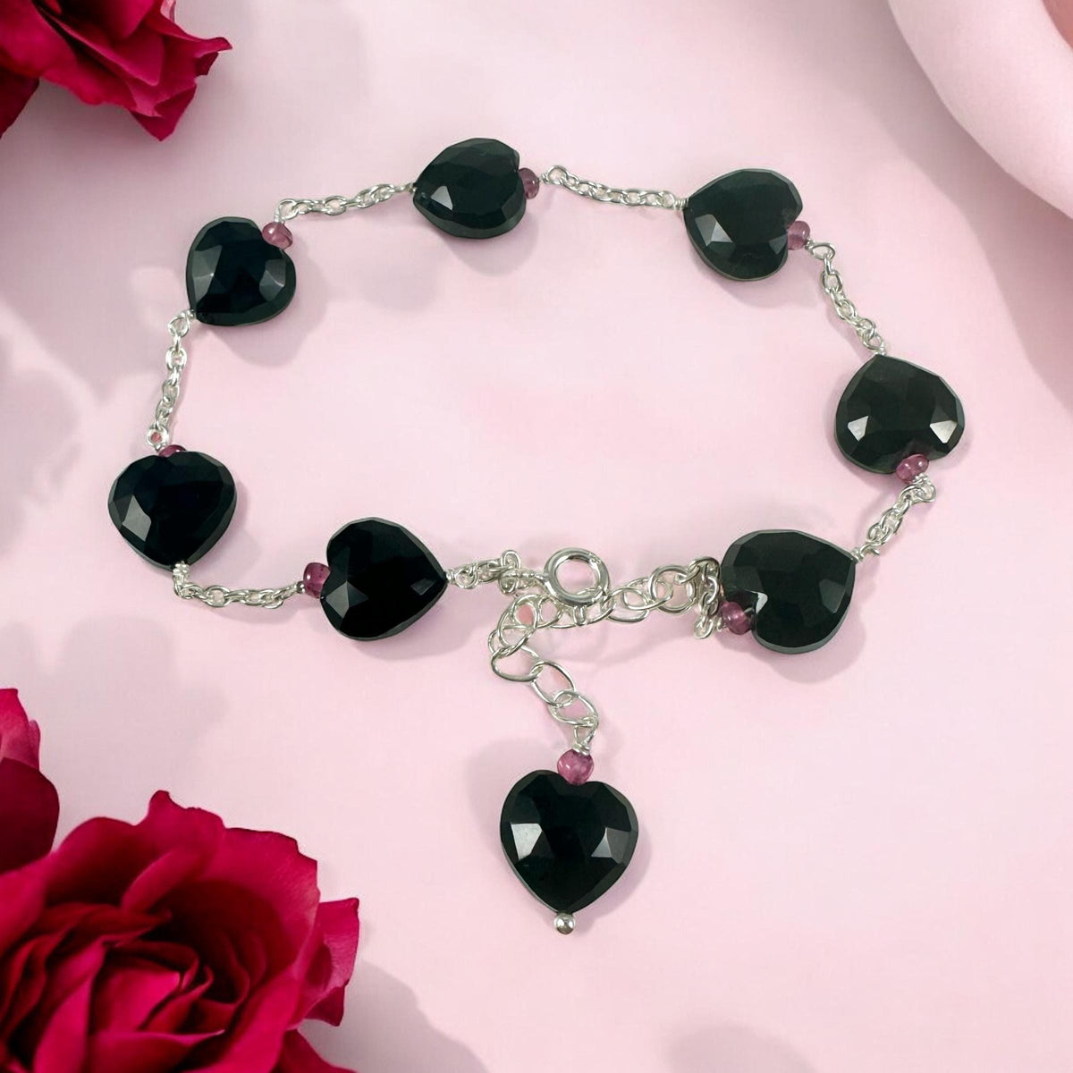 Natural Black Onyx and Pink Tourmaline Beads Bracelet - Valentines Bracelet - July Birthstone - Heart Bracelet - Solid 925 Silver Bracelet