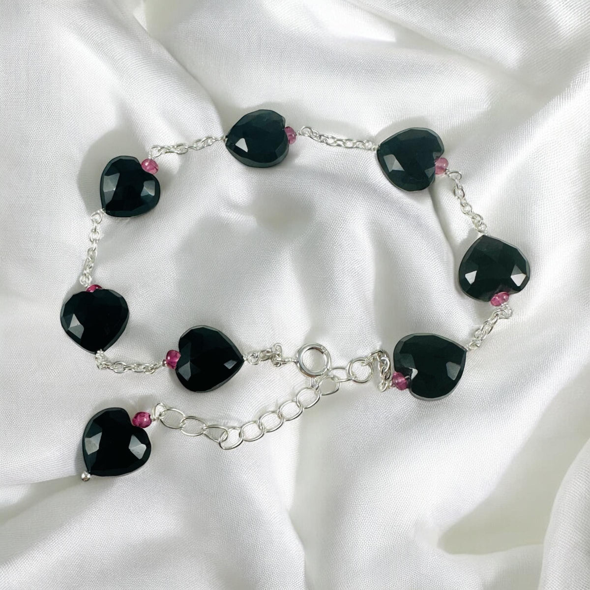 Natural Black Onyx and Pink Tourmaline Beads Bracelet - Valentines Bracelet - July Birthstone - Heart Bracelet - Solid 925 Silver Bracelet