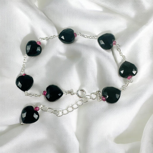 Natural Black Onyx and Pink Tourmaline Beads Bracelet - Valentines Bracelet - July Birthstone - Heart Bracelet - Solid 925 Silver Bracelet