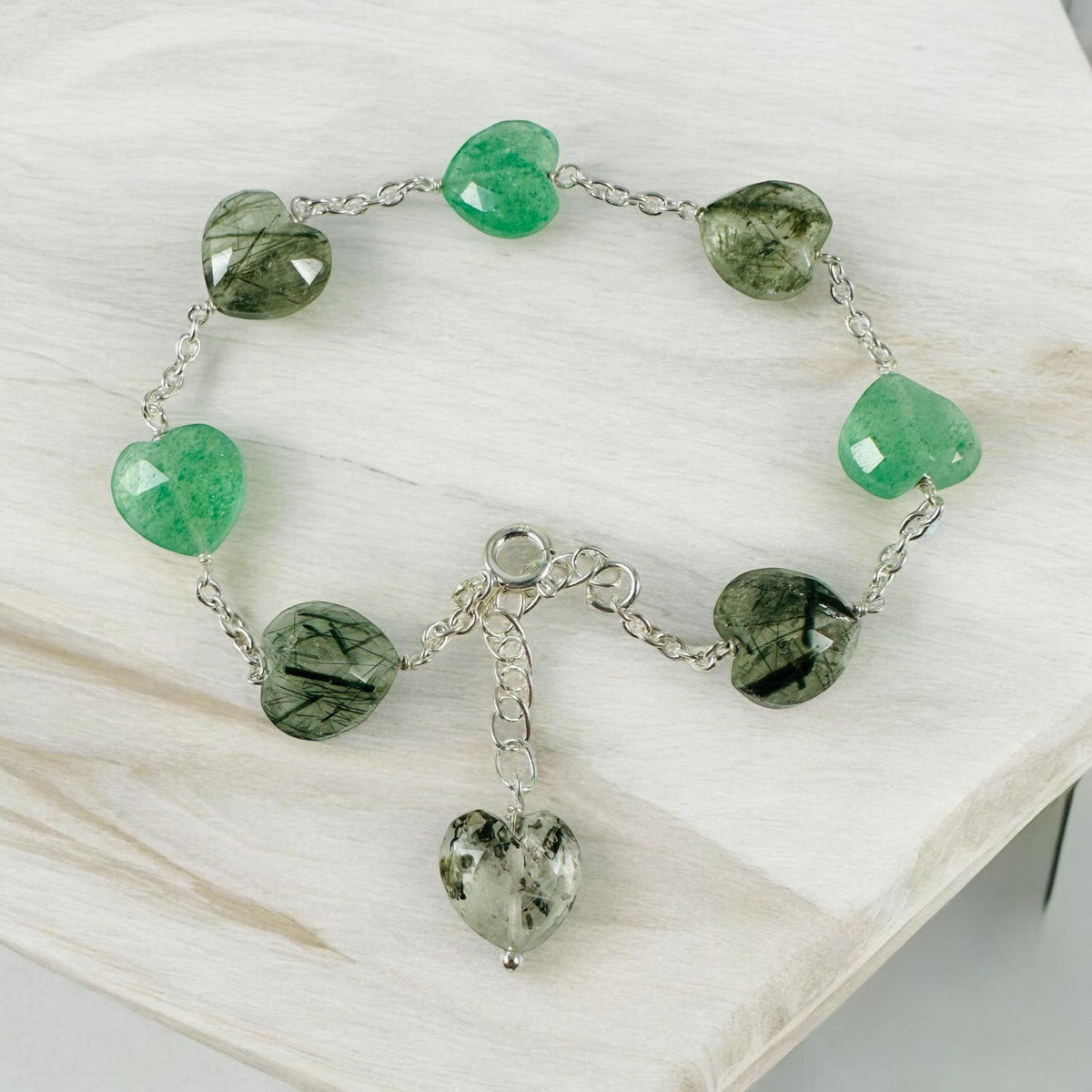 Natural Rutile and Green Aventurine Heart Bracelet - Valentines Bracelet - Rutilated Quartz Bracelet - Heart Bracelet - 925 Silver Bracelet