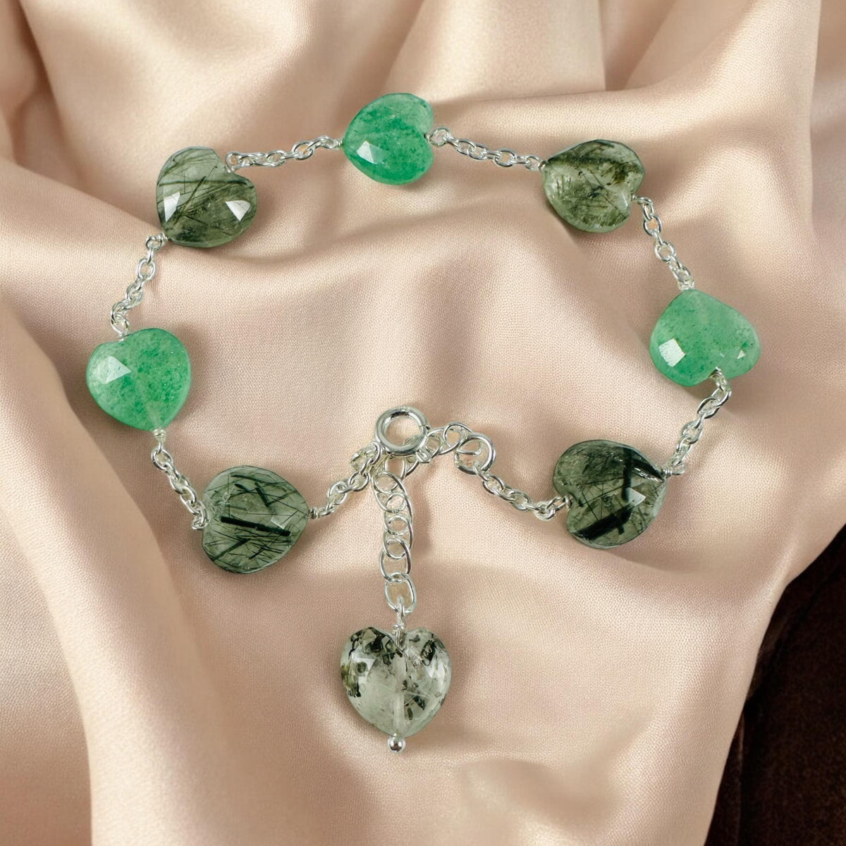 Natural Rutile and Green Aventurine Heart Bracelet - Valentines Bracelet - Rutilated Quartz Bracelet - Heart Bracelet - 925 Silver Bracelet