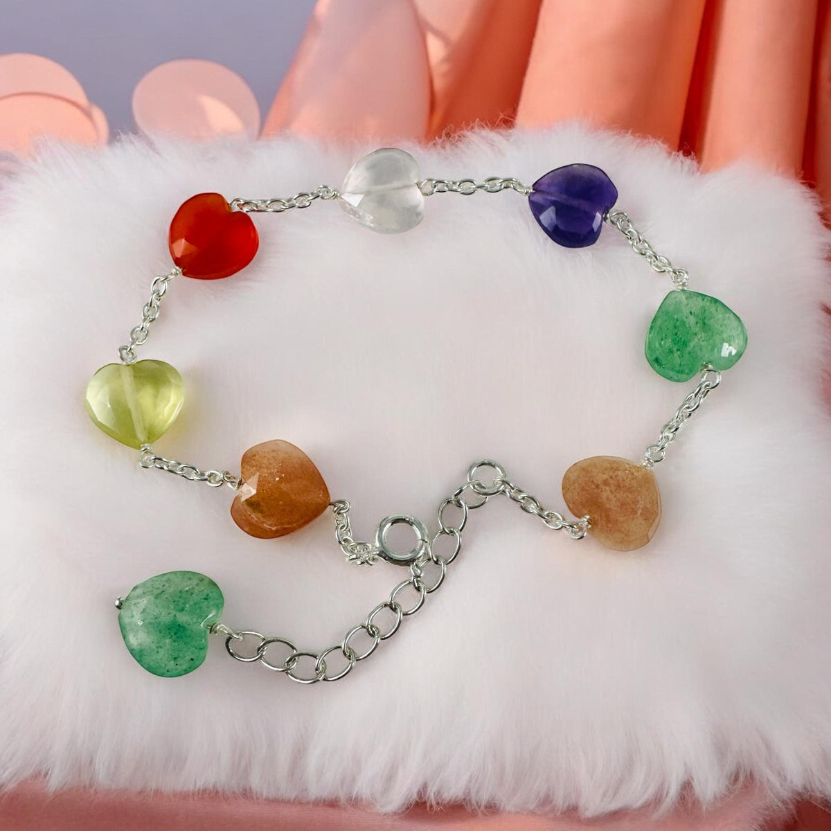 Multi-Gemstone Valentines Heart Bracelet - Moonstone - Carnelian - Lemon Quartz - Amethyst - Aventurine - Rose Quartz - Silver Bracelet