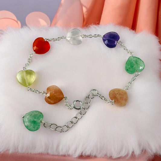 Multi-Gemstone Valentines Heart Bracelet - Moonstone - Carnelian - Lemon Quartz - Amethyst - Aventurine - Rose Quartz - Silver Bracelet