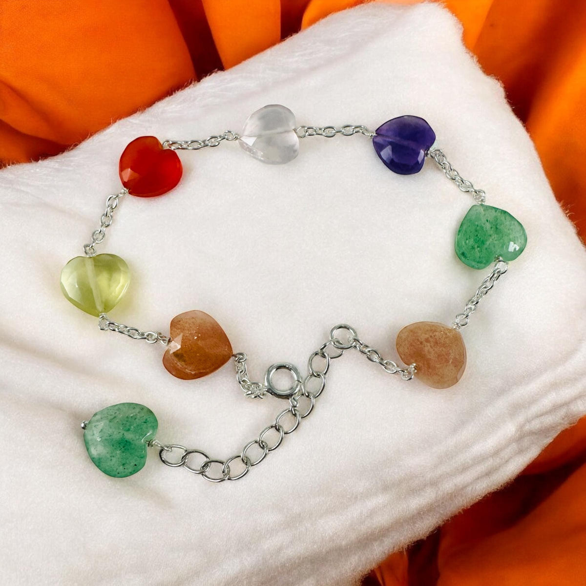 Multi-Gemstone Valentines Heart Bracelet - Moonstone - Carnelian - Lemon Quartz - Amethyst - Aventurine - Rose Quartz - Silver Bracelet