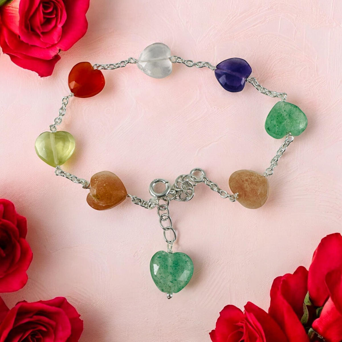 Multi-Gemstone Valentines Heart Bracelet - Moonstone - Carnelian - Lemon Quartz - Amethyst - Aventurine - Rose Quartz - Silver Bracelet