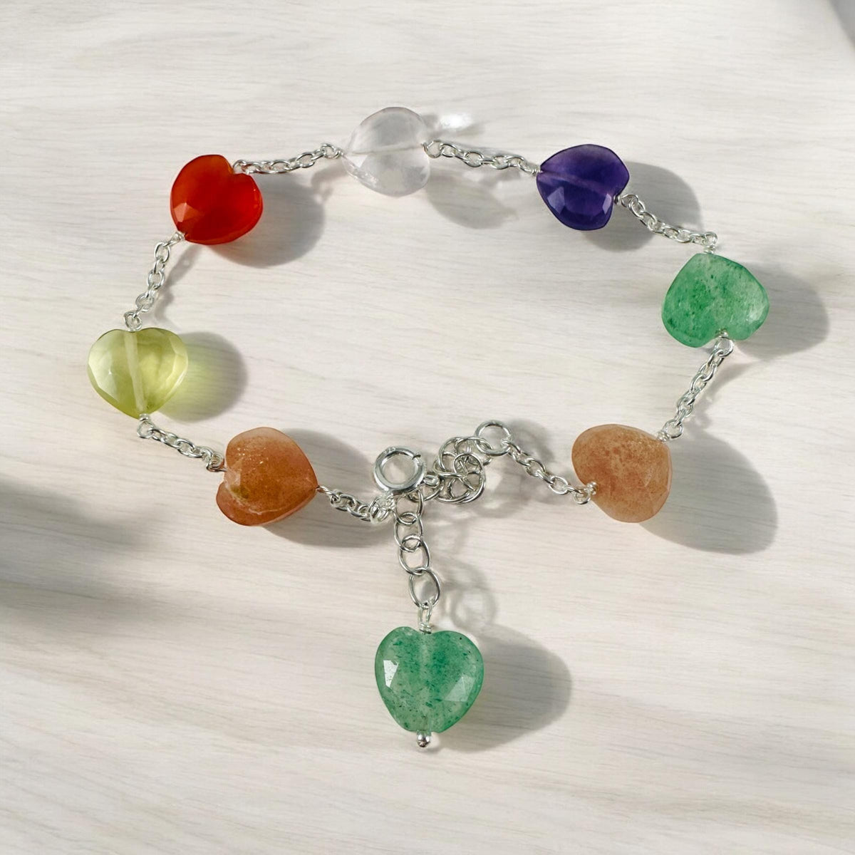 Multi-Gemstone Valentines Heart Bracelet - Moonstone - Carnelian - Lemon Quartz - Amethyst - Aventurine - Rose Quartz - Silver Bracelet