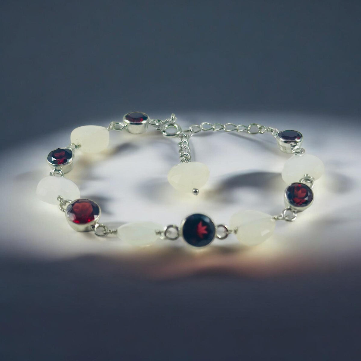 Natural Moonstone Heart & Red Garnet Bracelet - Stunning Bracelet - June Birthstone - January Birthstone - 925 Sterling Silver Bracelet