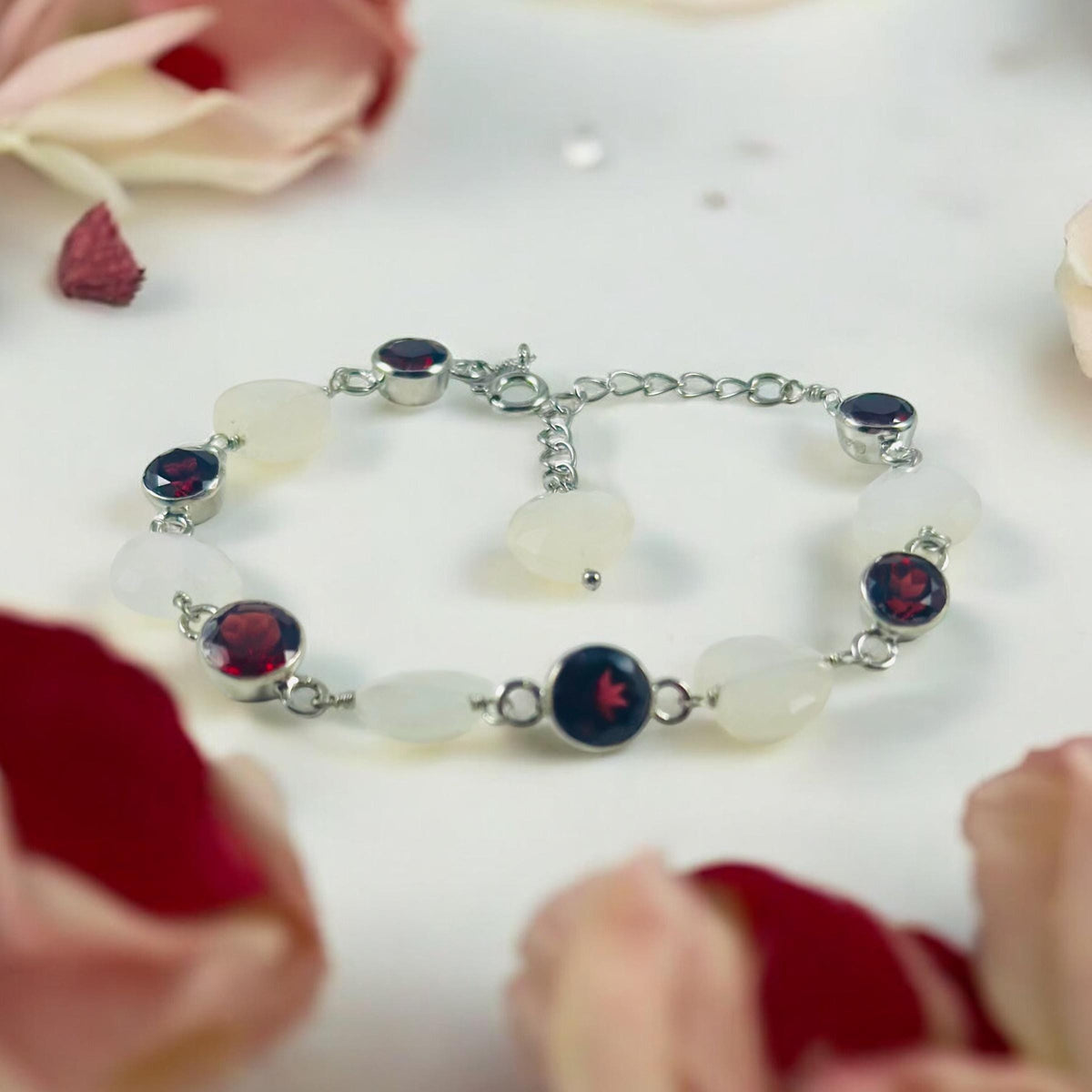 Natural Moonstone Heart & Red Garnet Bracelet - Stunning Bracelet - June Birthstone - January Birthstone - 925 Sterling Silver Bracelet