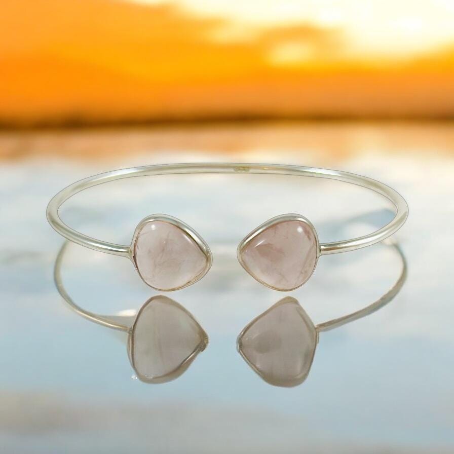 Natural Rose Quartz Bracelet - Adjustable Sleek Bangle - January Birthstone - Gift for Her - Solid 925 Sterling Silver Bracelet