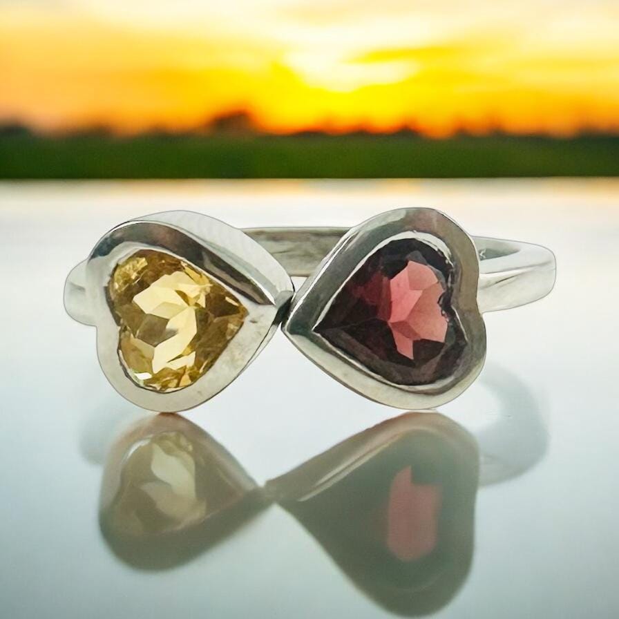 Genuine Citrine and Red Garnet Heart Shaped Ring - Exquisite 2 Heart Ring - Adjustable Heart Ring - Valentines Ring - Sterling Silver Ring