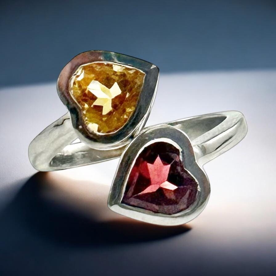 Genuine Citrine and Red Garnet Heart Shaped Ring - Exquisite 2 Heart Ring - Adjustable Heart Ring - Valentines Ring - Sterling Silver Ring