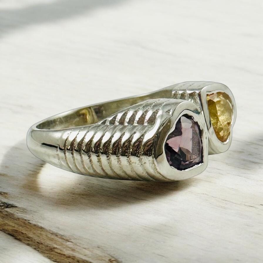 Genuine Amethyst and Citrine Heart Shaped Ring - Exquisite 2 Heart Ring - Adjustable Heart Ring - Valentines Ring - 925 Sterling Silver Ring