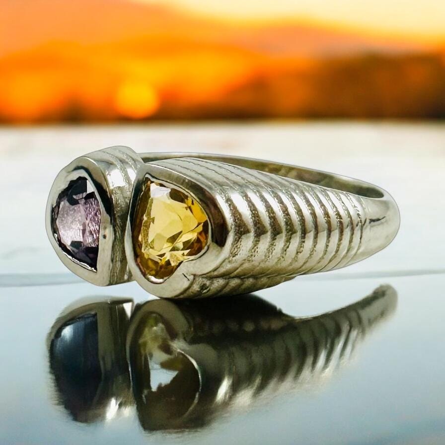 Genuine Amethyst and Citrine Heart Shaped Ring - Exquisite 2 Heart Ring - Adjustable Heart Ring - Valentines Ring - 925 Sterling Silver Ring