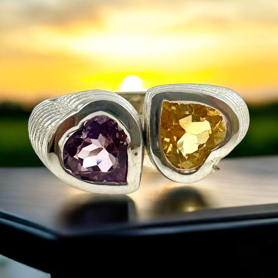 Genuine Amethyst and Citrine Heart Shaped Ring - Exquisite 2 Heart Ring - Adjustable Heart Ring - Valentines Ring - 925 Sterling Silver Ring