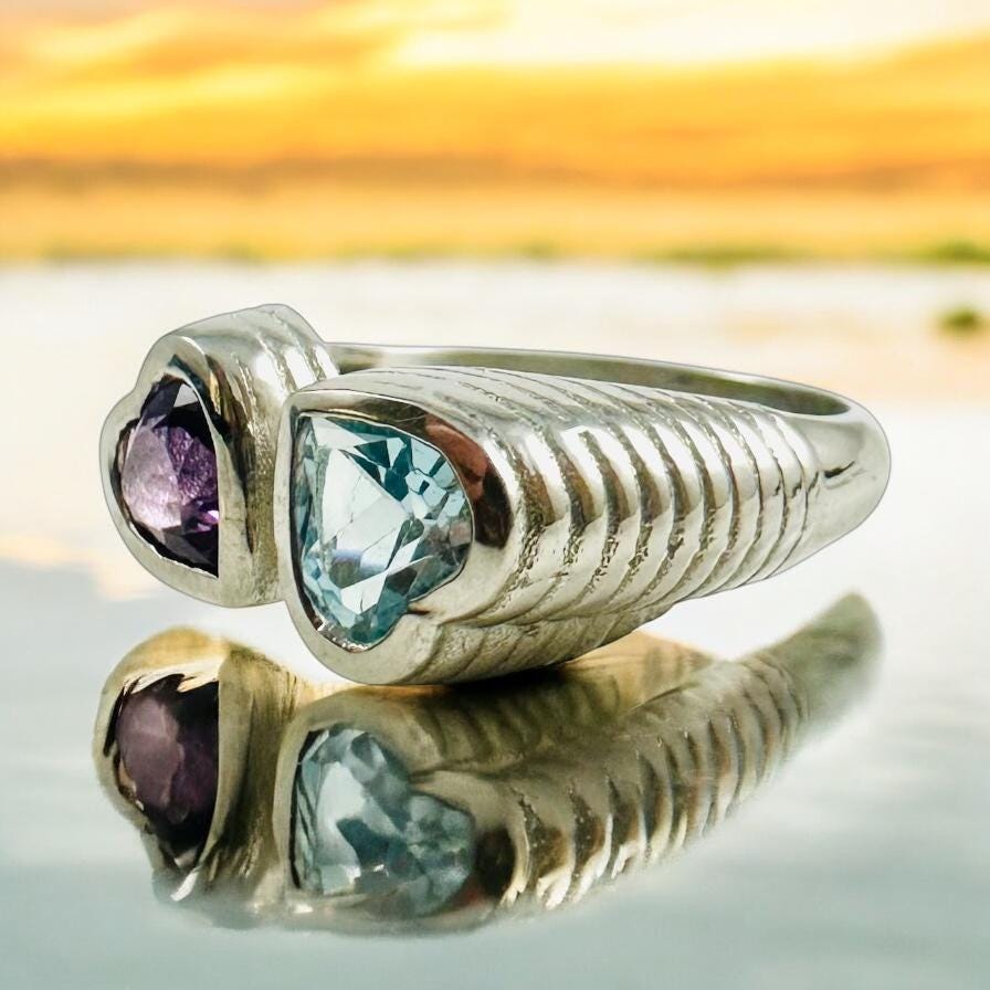 Genuine Amethyst and Blue Topaz Heart Shaped Ring - Exquisite 2 Heart Ring - Adjustable Heart Ring - Valentines Ring - Sterling Silver Ring