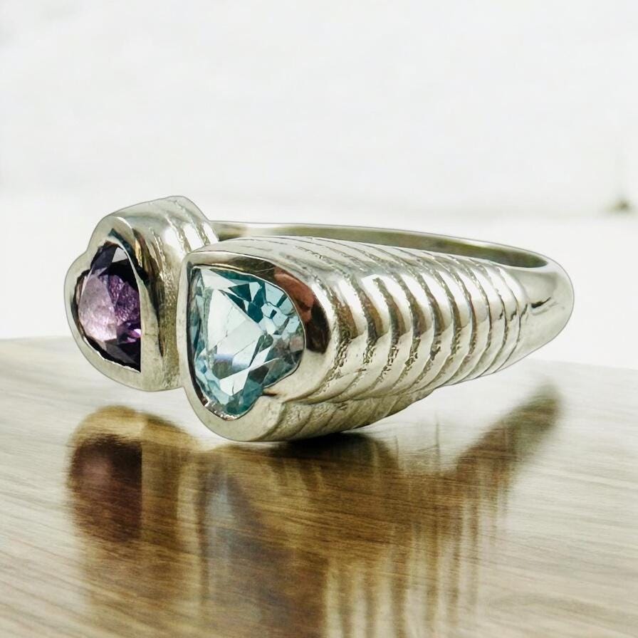 Genuine Amethyst and Blue Topaz Heart Shaped Ring - Exquisite 2 Heart Ring - Adjustable Heart Ring - Valentines Ring - Sterling Silver Ring