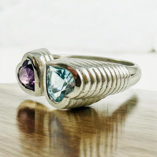 Genuine Amethyst and Blue Topaz Heart Shaped Ring - Exquisite 2 Heart Ring - Adjustable Heart Ring - Valentines Ring - Sterling Silver Ring