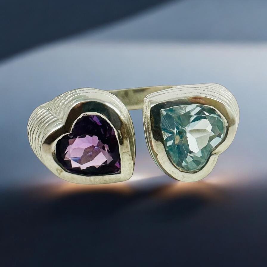 Genuine Amethyst and Blue Topaz Heart Shaped Ring - Exquisite 2 Heart Ring - Adjustable Heart Ring - Valentines Ring - Sterling Silver Ring