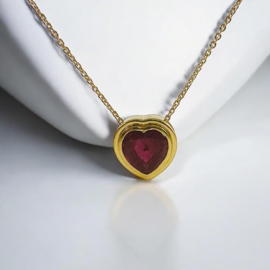 Solid 14K Gold Ruby Pendant - Gold Ruby Heart Pendant - Gold Ruby Necklace - Ruby Heart Floating Pendant - 14K Gold Ruby Necklace