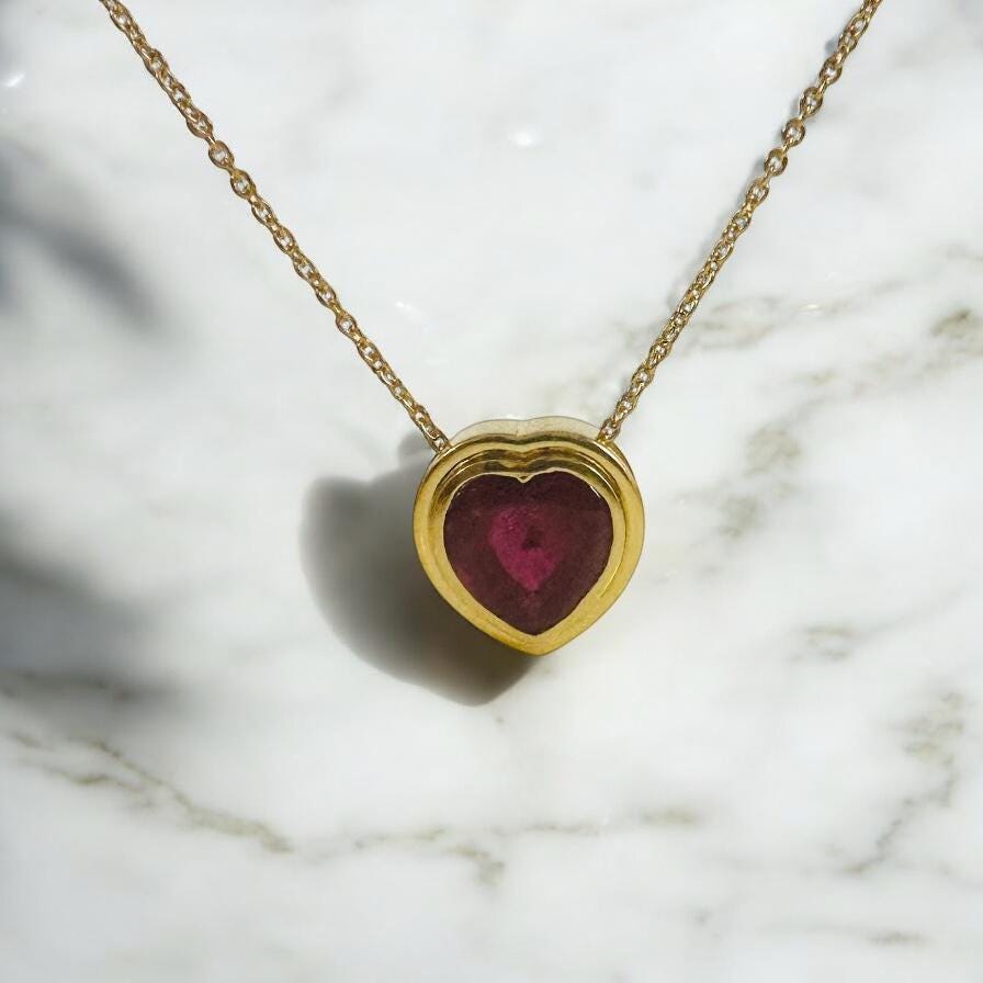 Solid 14K Gold Ruby Pendant - Gold Ruby Heart Pendant - Gold Ruby Necklace - Ruby Heart Floating Pendant - 14K Gold Ruby Necklace