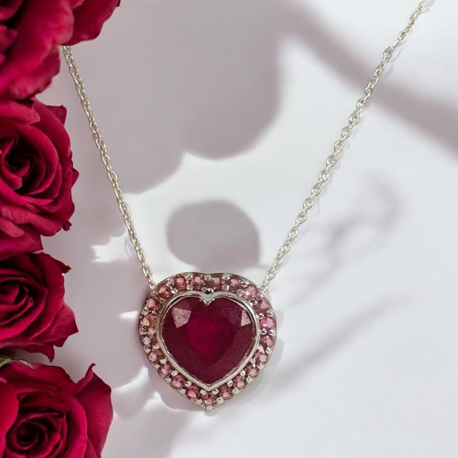Solid 14K White Gold Ruby and Pink Tourmaline Pendant - Gold Ruby Heart Pendant - 14K Gold Ruby Heart Floating Pendant - 14K White Gold