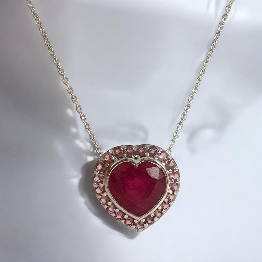 Solid 14K White Gold Ruby and Pink Tourmaline Pendant - Gold Ruby Heart Pendant - 14K Gold Ruby Heart Floating Pendant - 14K White Gold