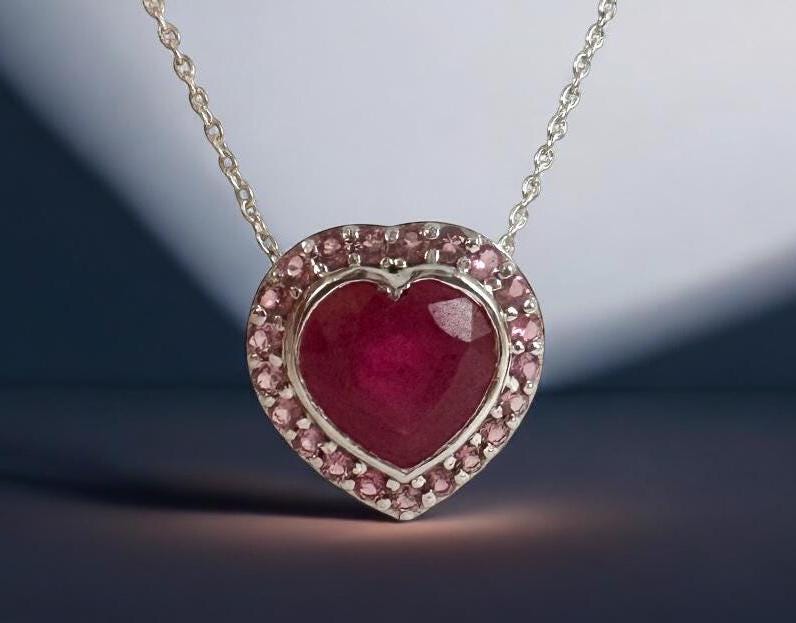 Solid 14K White Gold Ruby and Pink Tourmaline Pendant - Gold Ruby Heart Pendant - 14K Gold Ruby Heart Floating Pendant - 14K White Gold